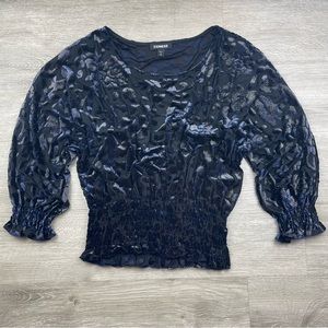 Express Navy Blue and Gold Velvet Banded Bottom Top